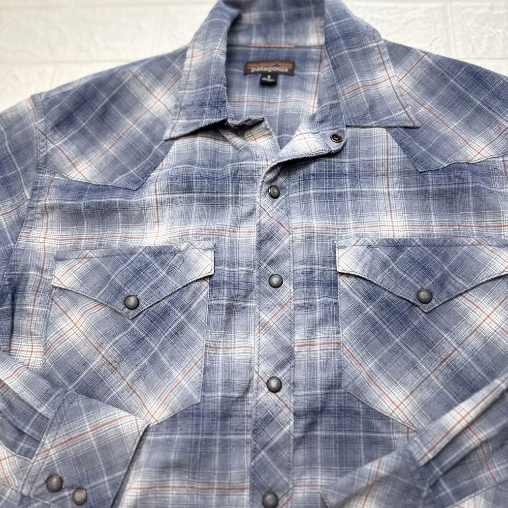 Patagonia Mens Plaid Long Sleeve Button Snap Western Shirt Blue Small